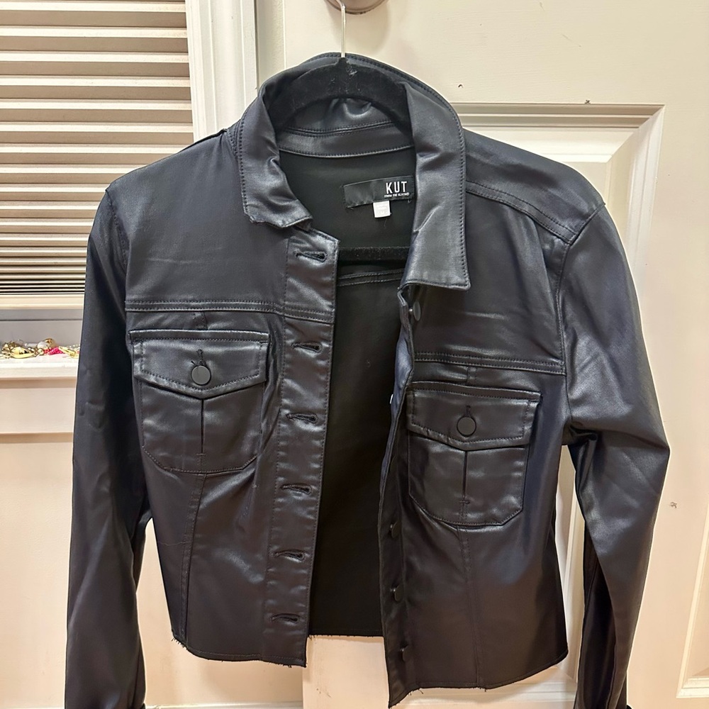 Kut from the Kloth Kara Coated Denim Jacket, size medium, dark navy